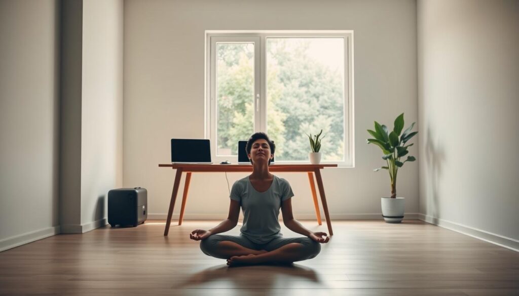 A serene, minimalist home office with a large window overlooking a lush garden. Diffused natural light casts a warm, calming glow. A wooden desk stands uncluttered, with a simple laptop and a potted plant. The walls are bare, creating a sense of tranquility. In the foreground, a person sits cross-legged on the floor, eyes closed, practicing mindful meditation. The atmosphere is one of digital detachment, inviting the viewer to find stillness and focus amidst the pressures of the modern, connected world.